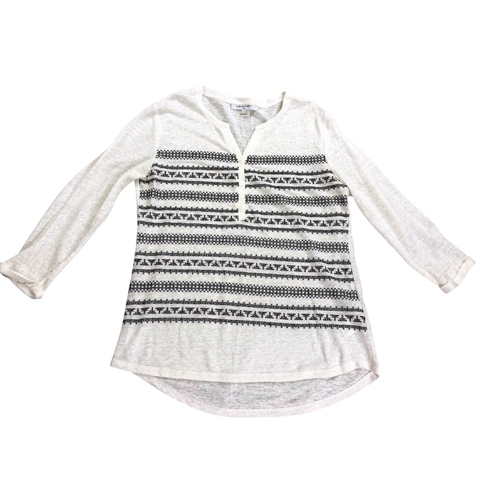 White & Black Tribal Print 100% Linen Long‎ Sleeve Henley Blouse